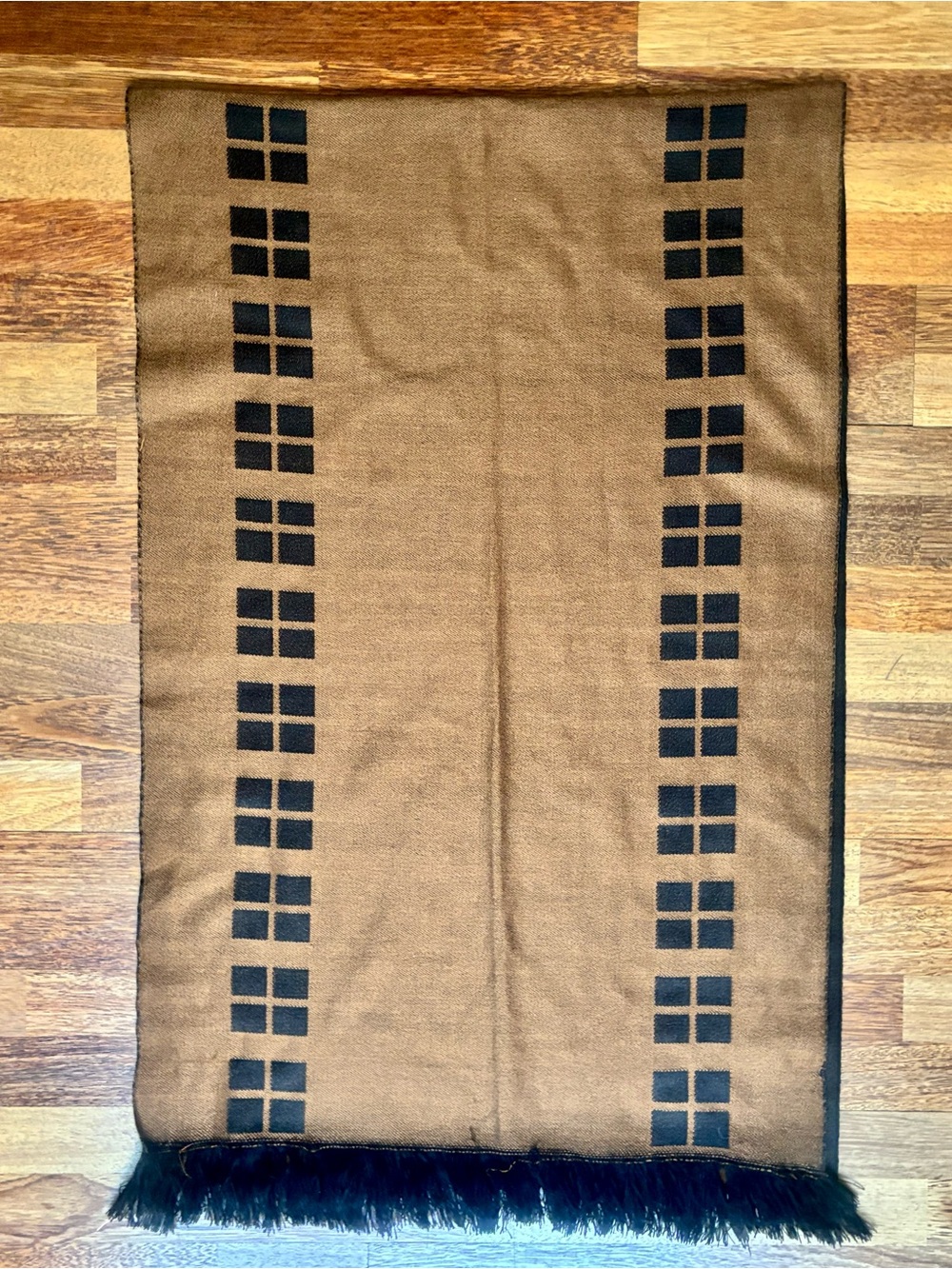 Vintage - Cozy Camel & Black Geometric Winter Scarf / Shawl with Fringe